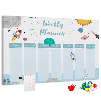 Pizarra de corcho calendario semanal con diseño espacial de cohetes