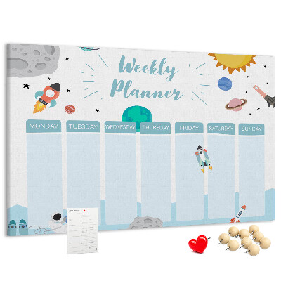 Pizarra de corcho calendario semanal con diseño espacial de cohetes
