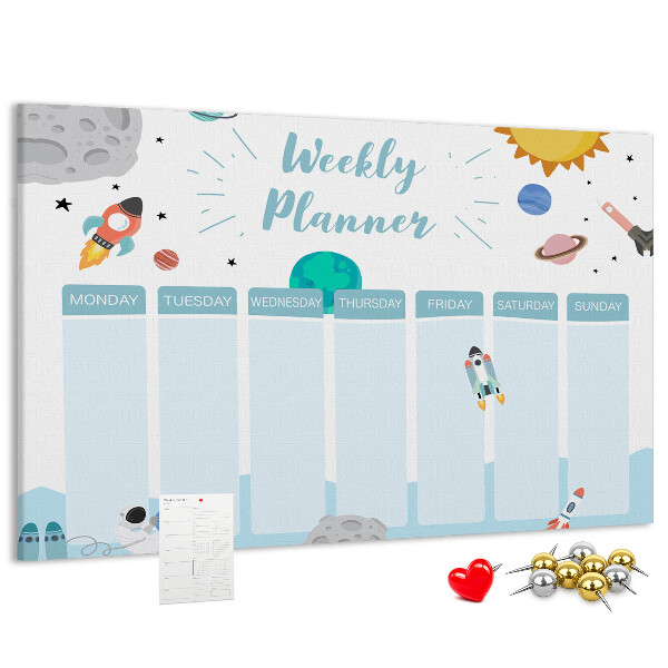 Pizarra de corcho calendario semanal con diseño espacial de cohetes