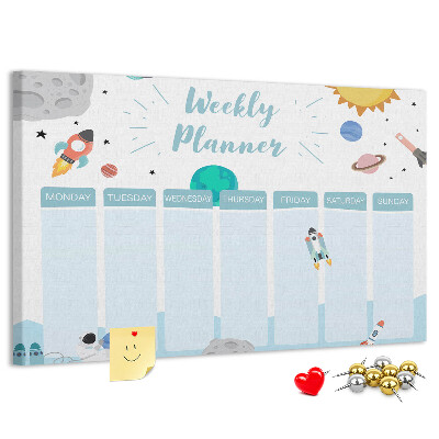 Pizarra de corcho calendario semanal con diseño espacial de cohetes