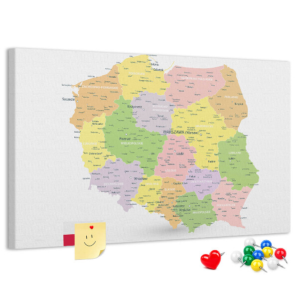 Tablero de corcho decorativo mapa de Polonia con división administrativa