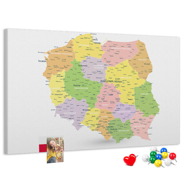 Tablero de corcho decorativo mapa de Polonia con división administrativa