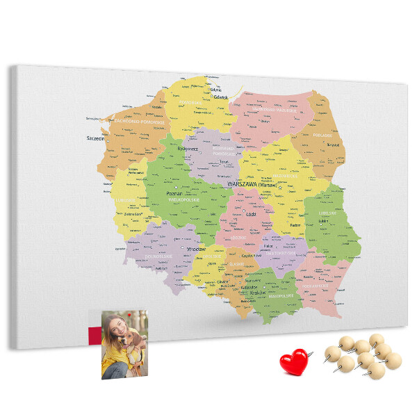 Tablero de corcho decorativo mapa de Polonia con división administrativa