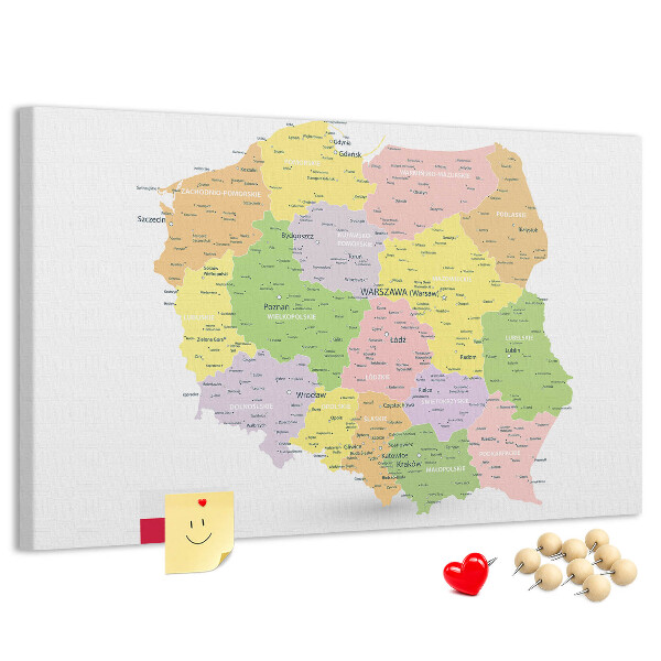 Tablero de corcho decorativo mapa de Polonia con división administrativa