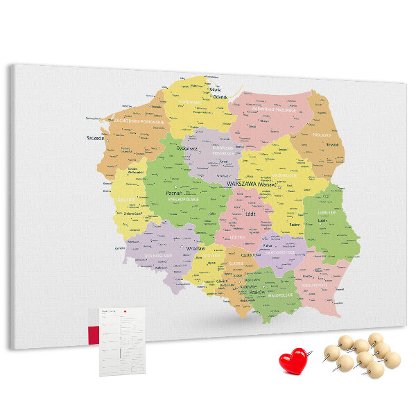 Tablero de corcho decorativo mapa de Polonia con división administrativa
