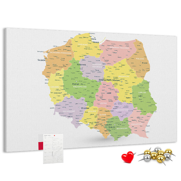 Tablero de corcho decorativo mapa de Polonia con división administrativa