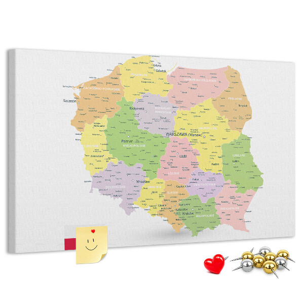 Tablero de corcho decorativo mapa de Polonia con división administrativa