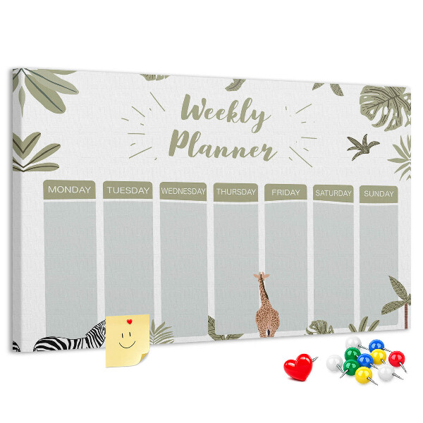 Pizarra de corcho con diseño de agenda semanal y estampado de plantas