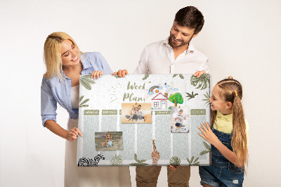 Pizarra de corcho con diseño de agenda semanal y estampado de plantas