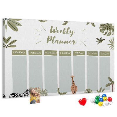 Pizarra de corcho con diseño de agenda semanal y estampado de plantas