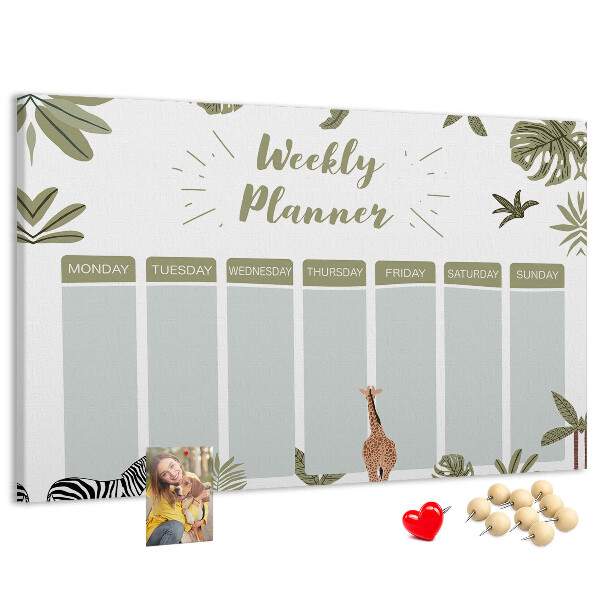 Pizarra de corcho con diseño de agenda semanal y estampado de plantas