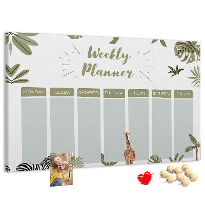 Pizarra de corcho con diseño de agenda semanal y estampado de plantas