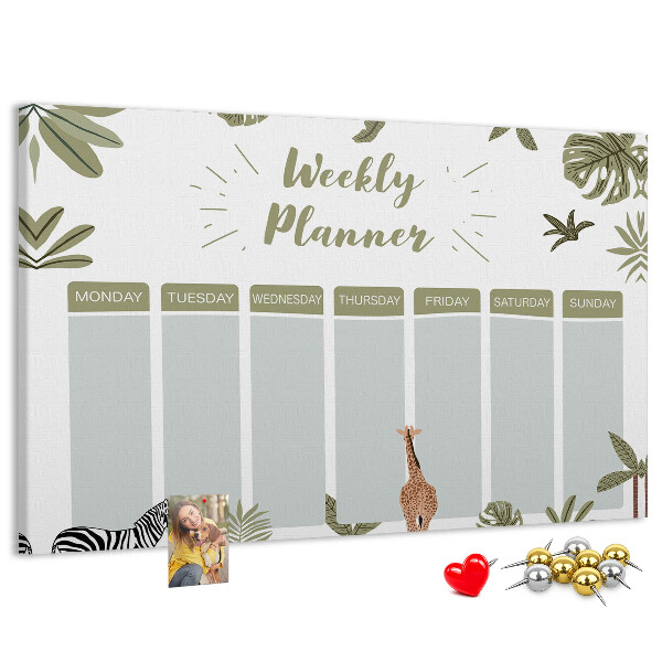 Pizarra de corcho con diseño de agenda semanal y estampado de plantas