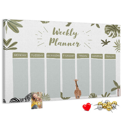 Pizarra de corcho con diseño de agenda semanal y estampado de plantas