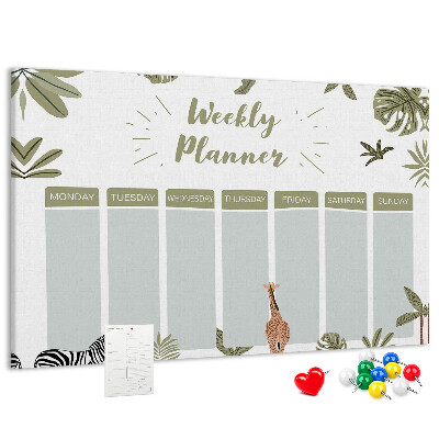 Pizarra de corcho con diseño de agenda semanal y estampado de plantas