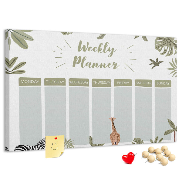 Pizarra de corcho con diseño de agenda semanal y estampado de plantas