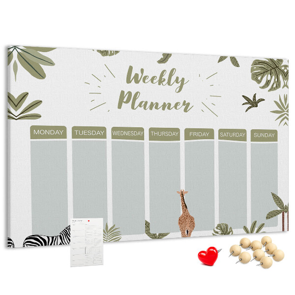 Pizarra de corcho con diseño de agenda semanal y estampado de plantas