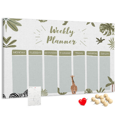 Pizarra de corcho con diseño de agenda semanal y estampado de plantas