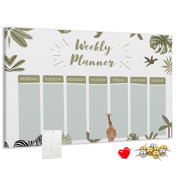 Pizarra de corcho con diseño de agenda semanal y estampado de plantas