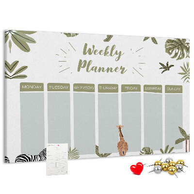 Pizarra de corcho con diseño de agenda semanal y estampado de plantas
