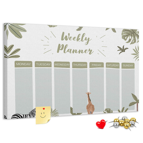 Pizarra de corcho con diseño de agenda semanal y estampado de plantas