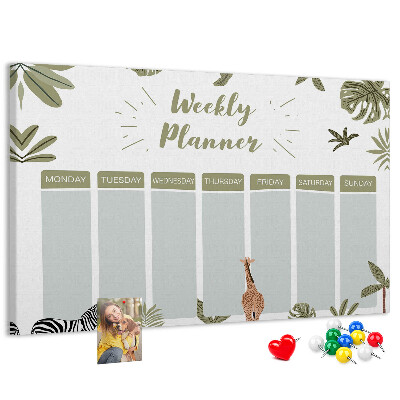 Pizarra de corcho con diseño de agenda semanal y estampado de plantas