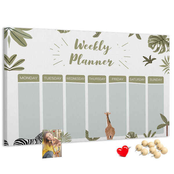 Pizarra de corcho con diseño de agenda semanal y estampado de plantas
