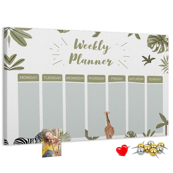 Pizarra de corcho con diseño de agenda semanal y estampado de plantas