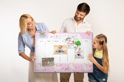 Pizarra de corcho planificador semanal con diseño de unicornios y arcoíris