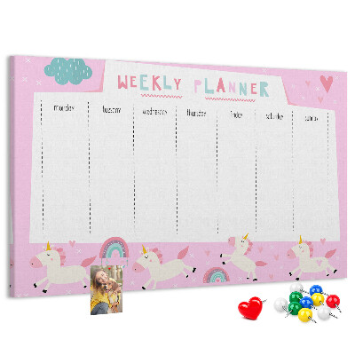 Pizarra de corcho planificador semanal con diseño de unicornios y arcoíris