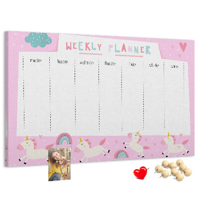 Pizarra de corcho planificador semanal con diseño de unicornios y arcoíris