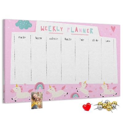 Pizarra de corcho planificador semanal con diseño de unicornios y arcoíris