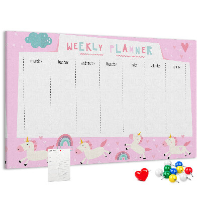 Pizarra de corcho planificador semanal con diseño de unicornios y arcoíris