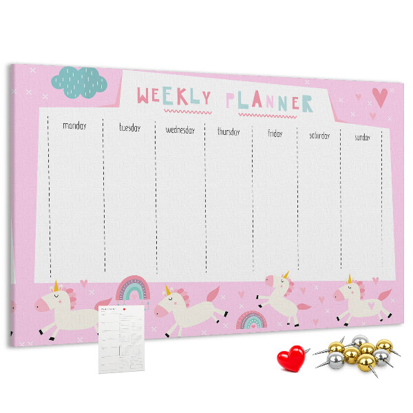 Pizarra de corcho planificador semanal con diseño de unicornios y arcoíris