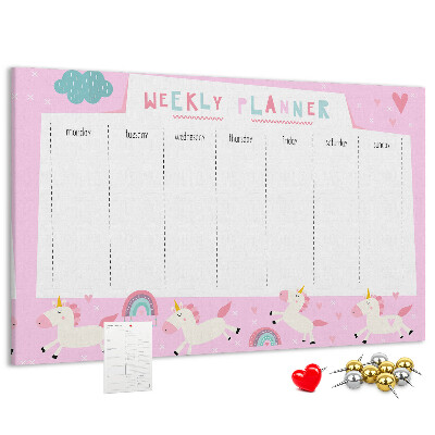 Pizarra de corcho planificador semanal con diseño de unicornios y arcoíris