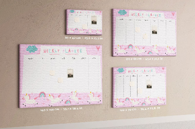 Pizarra de corcho planificador semanal con diseño de unicornios y arcoíris