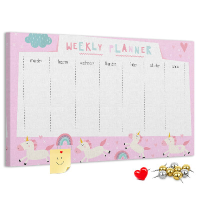 Pizarra de corcho planificador semanal con diseño de unicornios y arcoíris