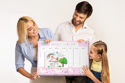 Pizarra de corcho planificador semanal con diseño de unicornios y arcoíris