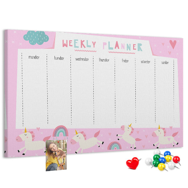 Pizarra de corcho planificador semanal con diseño de unicornios y arcoíris