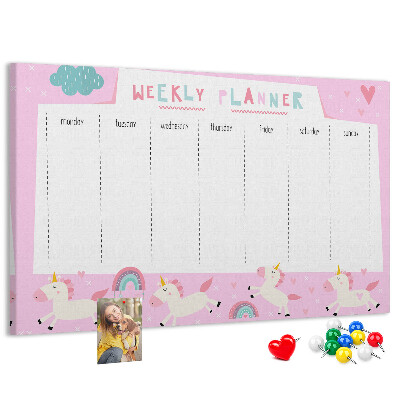 Pizarra de corcho planificador semanal con diseño de unicornios y arcoíris