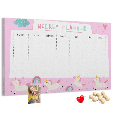 Pizarra de corcho planificador semanal con diseño de unicornios y arcoíris