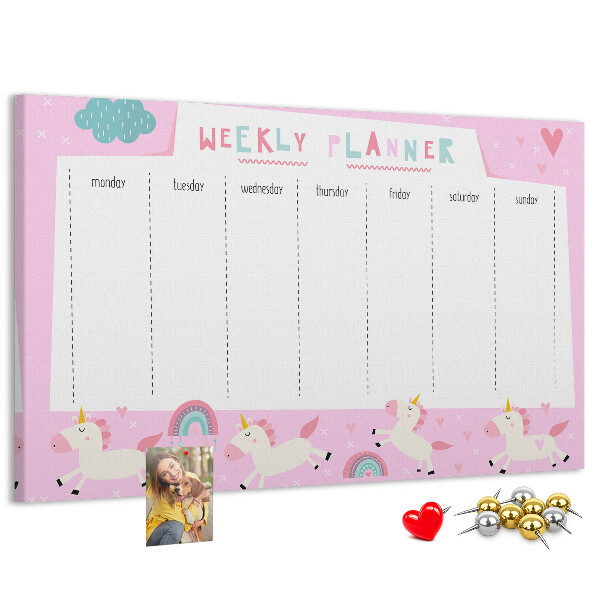 Pizarra de corcho planificador semanal con diseño de unicornios y arcoíris