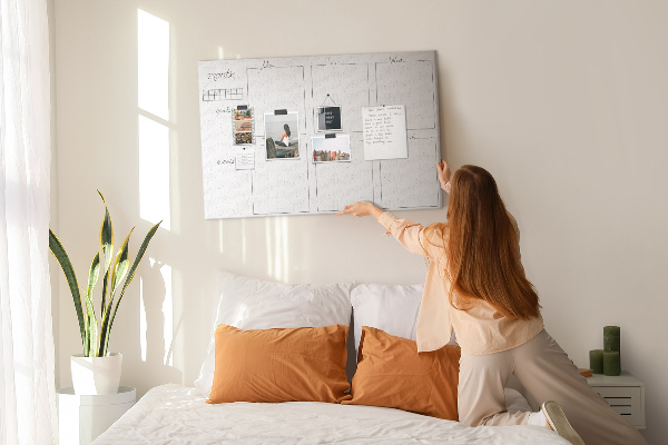 Tablero de corcho decorado con diseño de cuadrícula para organizar el tiempo