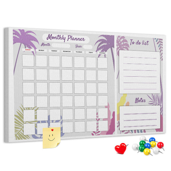 Tablero de anuncios calendario mensual con diseño de plantas tropicales