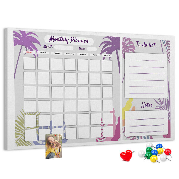 Tablero de anuncios calendario mensual con diseño de plantas tropicales