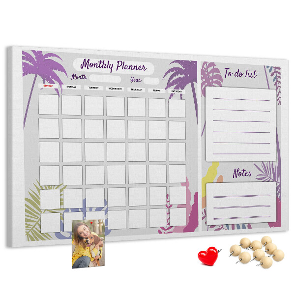 Tablero de anuncios calendario mensual con diseño de plantas tropicales
