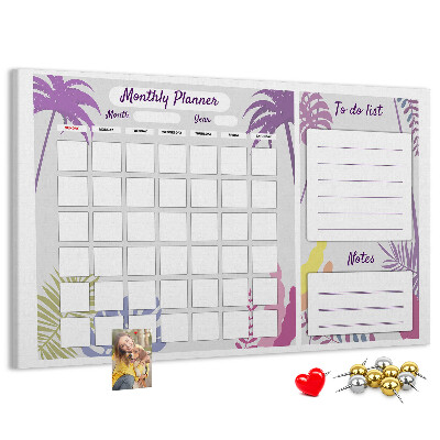 Tablero de anuncios calendario mensual con diseño de plantas tropicales