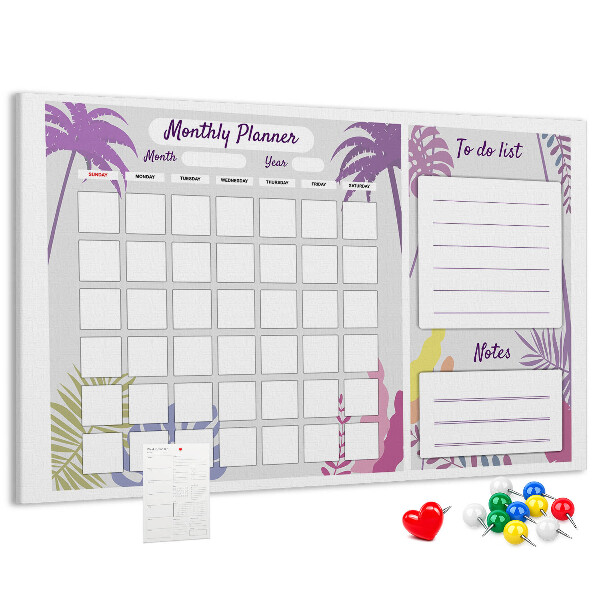 Tablero de anuncios calendario mensual con diseño de plantas tropicales