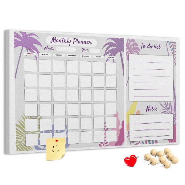 Tablero de anuncios calendario mensual con diseño de plantas tropicales