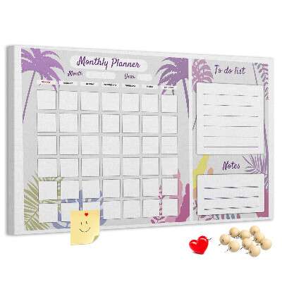 Tablero de anuncios calendario mensual con diseño de plantas tropicales